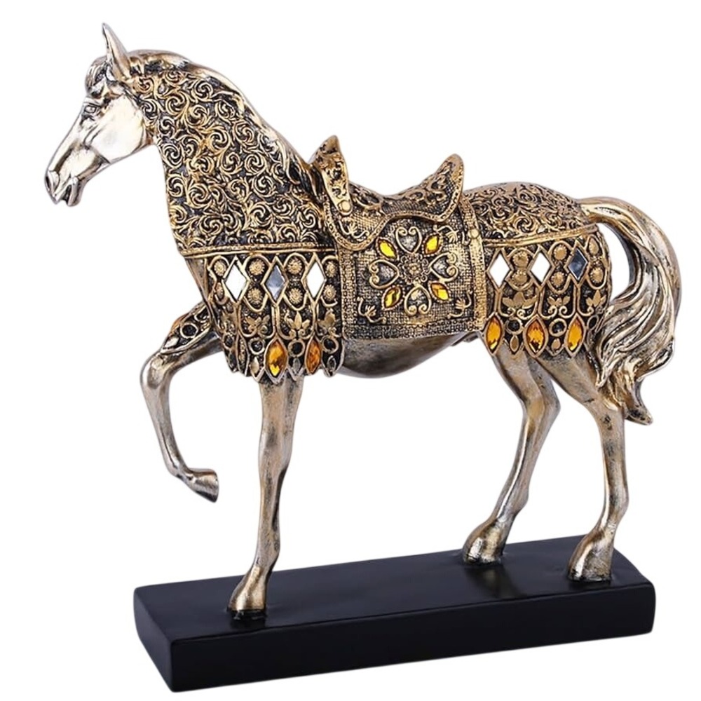 Resin Golden Horse Figurine Home Gold Ornate‎ Mirror Inlay Statue Equestrian